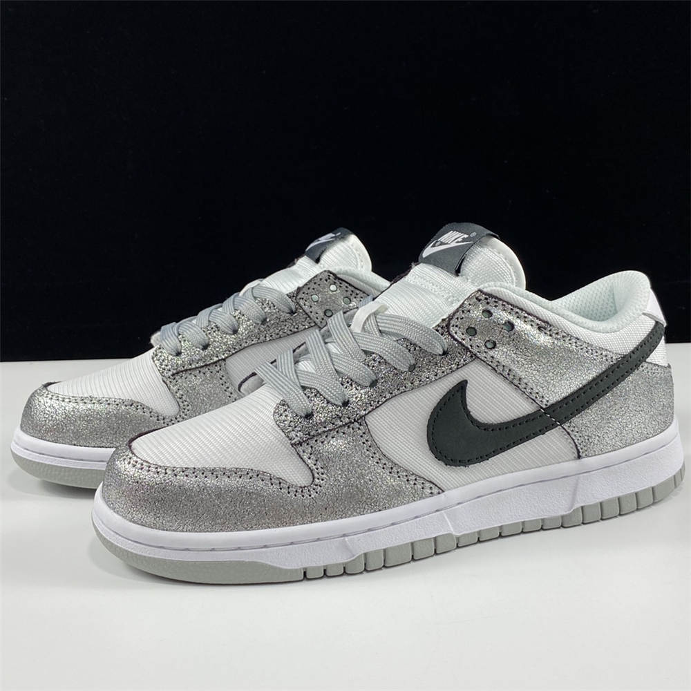 The Nike Dunk Low Features Silver Cracked Leather