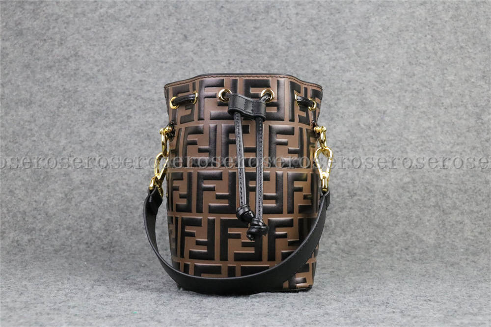 FANDI MON TRESOR BUCKET BAG ZUCCA EMBOSSED SMALL TOBACCO BLACK