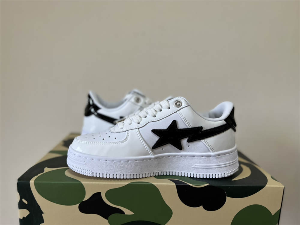 A Bathing Ape Bape Sta Low White black patent leather