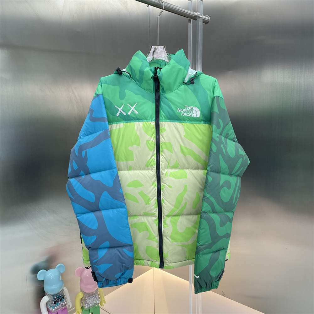 KAWS x TNF Retro 1996 Nuptse Jacket Safety Green Nuptse Print