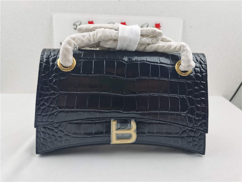 Balenciaga Hourglass Small Top Handle Bag Crocodile Embossed Black